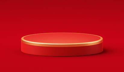 Red gold round podium stage platform isolated on 3d background scene with empty golden show pedestal presentation product display or luxury modern chinese advertising cosmetic cylinder mockup banner.