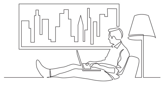 continuous line drawing vector illustration with FULLY EDITABLE STROKE of man lying on sofa with laptop looking at window working from home