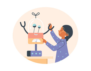 Banner design with clever kid girl with robotic toy, flat vector isolated.
