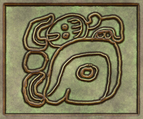 Glyphs- symbol hieroglyphic mayan. Coinage on metal- 3d illustration