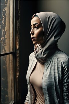 Athletic middle eastern woman wearing a hijab posing near her loft window. Generative AI