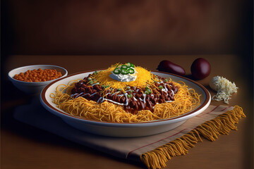 Delicious Cincinnati chili with spaghetti, cheddar cheese, fresh onions and beans close-up in a plate on the table. horizontal