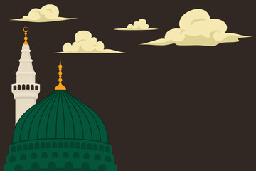 Islamic decoration background with green dome mosque and clouds isolated on dark background