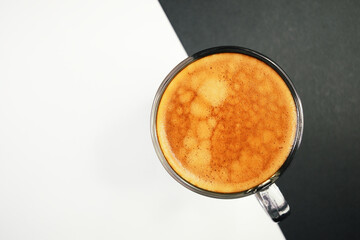hot black coffee put on white and black table, freshness hot coffee