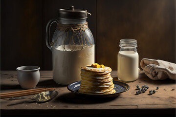 Quick homemade breakfast with pancakes and cream in a clay jar