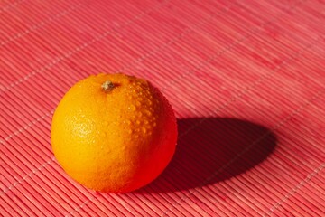 High contrast photograph- oranges with water drops on the peel. Bright highlights on fruit- red background