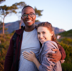 Nature, happy and portrait of interracial couple on mountain for holiday, vacation and adventure on...