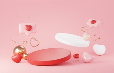 Happy Valentines Day. Minimal sweet love scene with display podium for mock up and product brand presentation. Pink Pedestal stand. Cute lovely heart background. Love day's design style. 3D render.