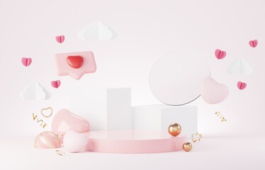 Happy Valentines Day. Minimal sweet love scene with display podium for mock up and product brand presentation. Pink Pedestal stand. Cute lovely heart background. Love day's design style. 3D render.