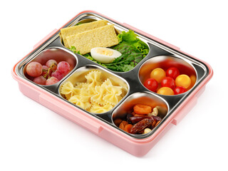 Healthy food delivery in take away box on white background