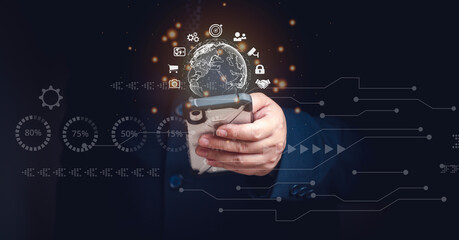Businessmen use smartphones to connect to the global network. Concept of technology communication. Business global, technology, digital marketing, Financial, banking, big data.