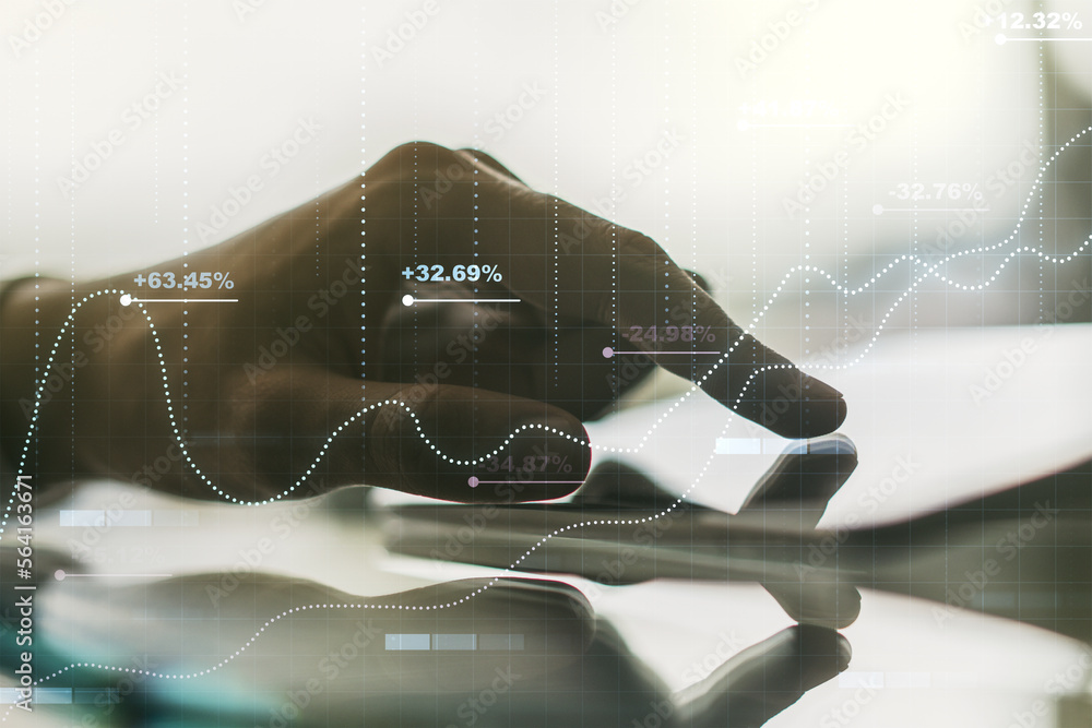 Poster Double exposure of abstract creative statistics data hologram with finger clicks on a digital tablet on background, statistics and analytics concept