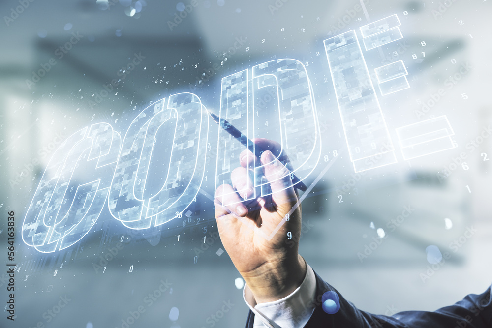 Poster man hand with pen writes code word hologram on blurred office background, artificial intelligence an
