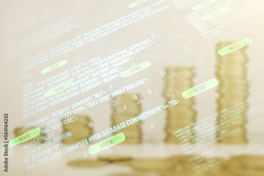 Poster multi exposure of abstract graphic coding sketch on coins background, big data and networking concep