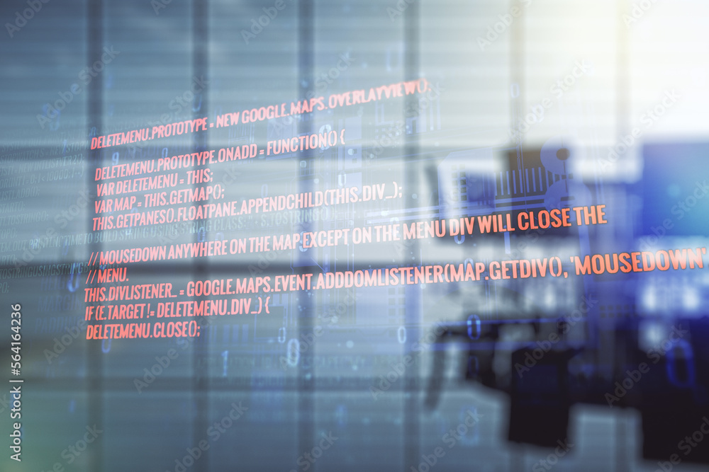 Aufkleber Double exposure of abstract creative programming illustration on a modern boardroom background, big data and blockchain concept