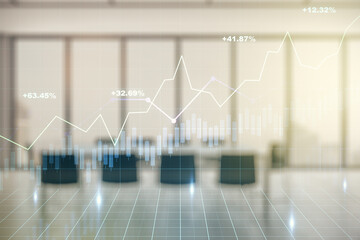 Multi exposure of virtual creative financial chart hologram on a modern meeting room background, research and analytics concept