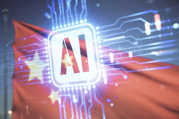 Creative artificial Intelligence symbol hologram on Chinese flag and blue sky background. Double...