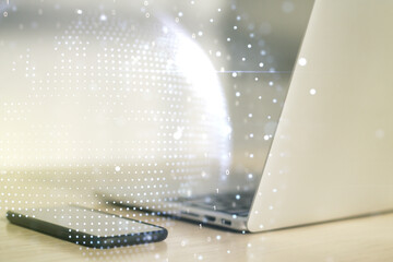 Double exposure of abstract digital world map on computer background, big data and blockchain concept