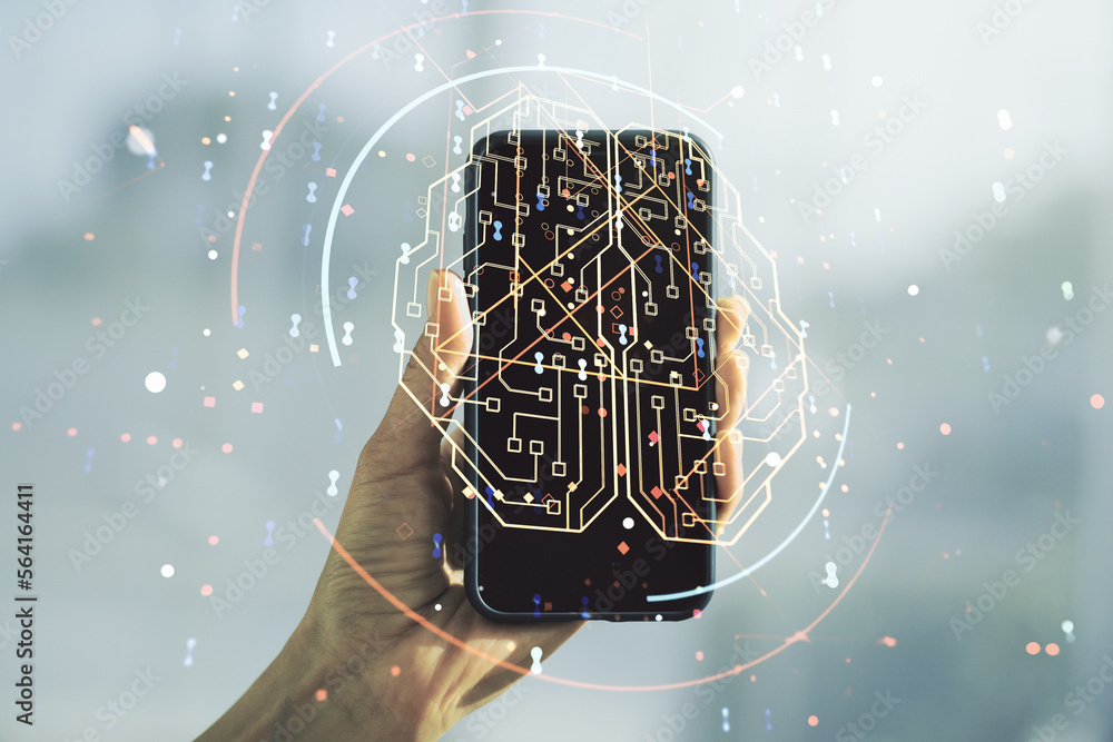 Poster double exposure of creative artificial intelligence symbol and hand with cell phone on background. n