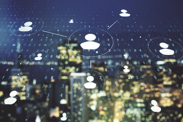 Abstract virtual social network concept on blurry skyline background. Multiexposure