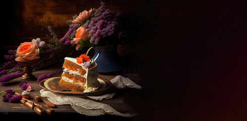 Carrot cake with cream cheese decorated with carrot marmalade serving on a plate. Carrot day. Card, banner with copy space (copyspace). Generative AI.