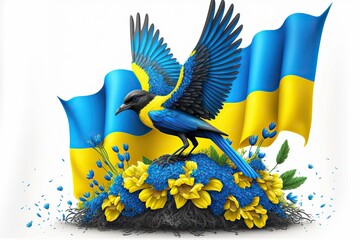 Vector illustrations Ukrainian flag colors blue and yellow of flower, plant, leaves,birds isolated on white background Generative AI
