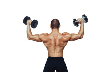 Fototapeta na wymiar Strong bodybuilder doing exercises with dumbbells which showing his back on white background