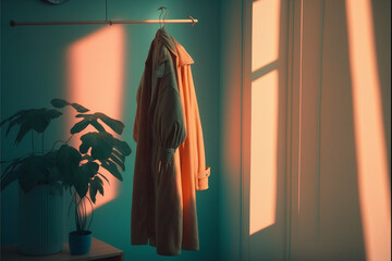 夕陽が差し込む部屋のクローゼットの服, Generative AI