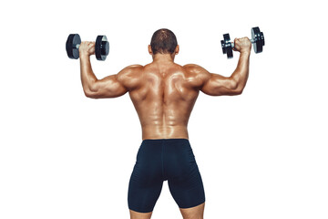 Fototapeta na wymiar Athletic muscular man doing exercises with dumbbells showing his back on white background