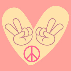 Obraz premium Icon, sticker in hippie style with heart, peace sign and victory sign
