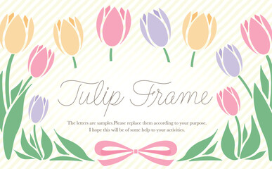 コピースペースのある可愛い春のお花のチューリップフレームのベクター素材_ピンク黄色紫ストライプ_横長