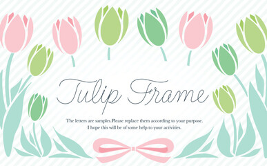コピースペースのある可愛い春のお花のチューリップフレームのベクター素材_緑ピンクストライプ_横長