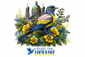 Vector illustrations Ukrainian St. Sophia Cathedral flag colors blue and yellow of flower, plant, leaves,birds isolated on white background Generative AI