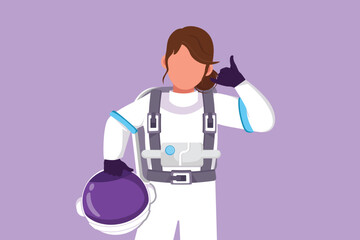 Character flat drawing active female astronaut holding helmet with call me gesture wearing spacesuit ready to explore outer space in search of mysteries of universe. Cartoon design vector illustration - obrazy, fototapety, plakaty
