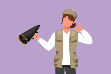 Fototapeta premium Cartoon flat style drawing female film director holding megaphone with call me gesture, wearing vest, cap while set film crew for shooting romance movie in studio. Graphic design vector illustration
