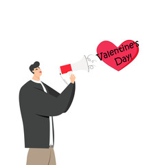 Fototapeta na wymiar Happy Valentines Day. The guy in the gromophone congratulates on Valentine's Day. Vector illustration