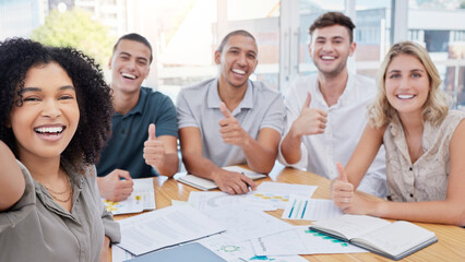 Selfie, thumbs up or success business people in project management growth, SEO strategy or creative idea. Teamwork, documents or portrait smile in team building support, motivation or deal thank you