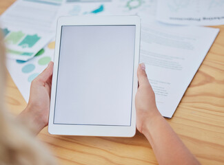 Mock up screen or business woman with tablet for digital marketing, social network or data analysis in office. Space, innovation or employee on tech for networking, communication or internet research