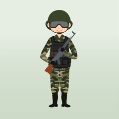 Army soldier, men , in camouflage combat uniform saluting. Cute flat cartoon style. Army or soldier character vector. Soldier keeps watch on guard. Rangers on border. 