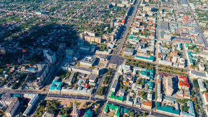 Fototapeta na wymiar Tambov, Russia. International street. Lenin Square. Panoramic view of the city from the air, Aerial View