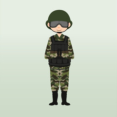 Army soldier, men , in camouflage combat uniform saluting. Cute flat cartoon style. Army or soldier character vector. Soldier keeps watch on guard. Rangers on border. 