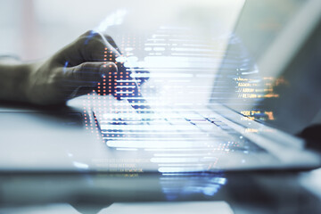 Multi exposure of abstract programming language hologram with world map and hands typing on computer keyboard on background, artificial intelligence and neural networks concept