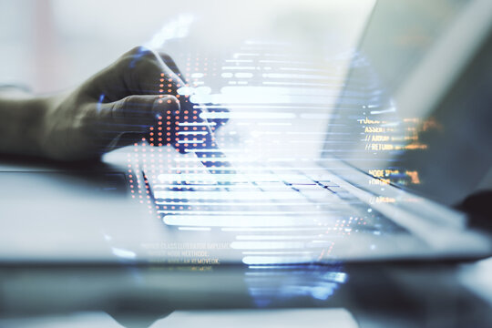 Multi exposure of abstract programming language hologram with world map and hands typing on computer keyboard on background, artificial intelligence and neural networks concept