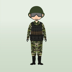 Army soldier, men , in camouflage combat uniform saluting. Cute flat cartoon style. Army or soldier character vector. Soldier keeps watch on guard. Rangers on border. 