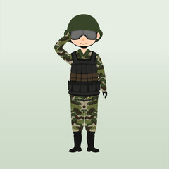 Army soldier, men , in camouflage combat uniform saluting. Cute flat cartoon style. Army or soldier character vector. Soldier keeps watch on guard. Rangers on border. 
