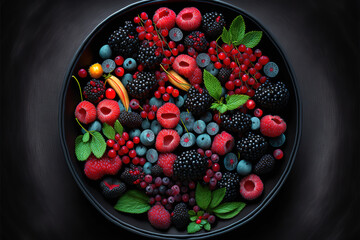 Top view of bowl of fresh mixed berries on black background