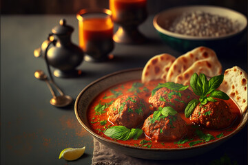 Middle Eastern traditional meatballs served with tomato sauce. Close up with copy space