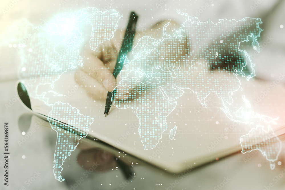 Poster multi exposure of abstract creative digital world map and man hand writing in notebook on background