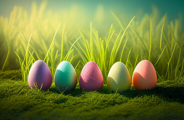 Fototapeta na wymiar Row of colorful painted easter eggs in fresh green grass background for holiday concept, happy easter, Generative Ai