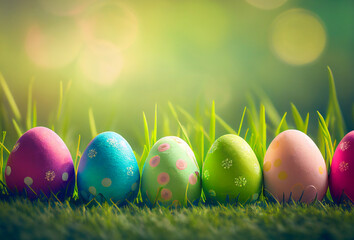 Row of colorful painted easter eggs in fresh green grass background for holiday concept, happy easter, Generative Ai
